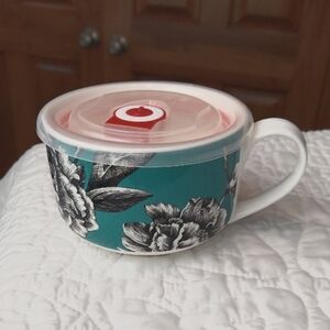* Make Me Take Me Teal Floral Glass 16 Oz Soup Bowl Mug with Vented Lid Like New